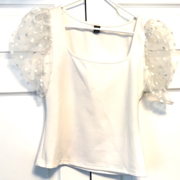 **SIZE L** SHEIN Contrast Mesh Puff Sleeve Square Neck Tee MINT - Picture 6 of 7